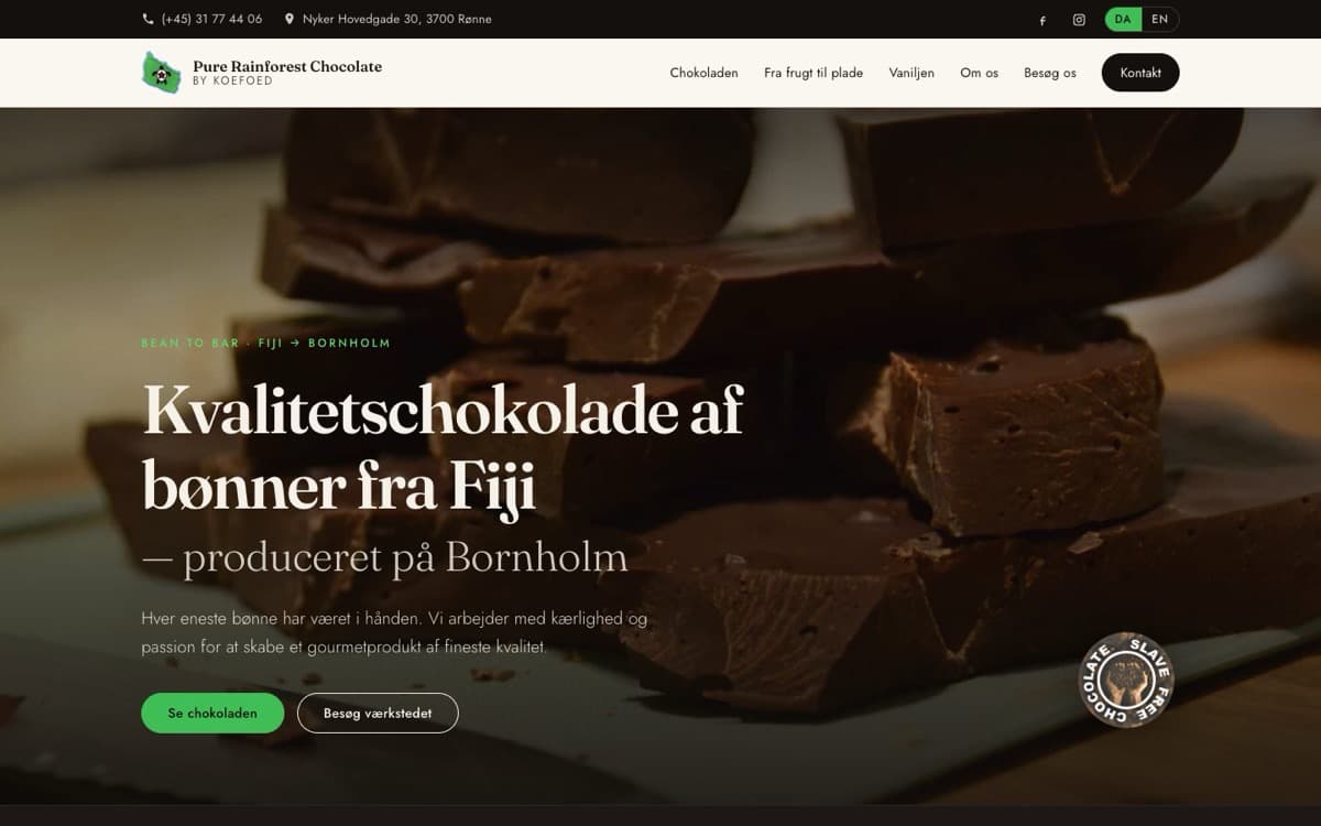 The Pure Rainforest Chocolate website at rainforestchocolate.dk